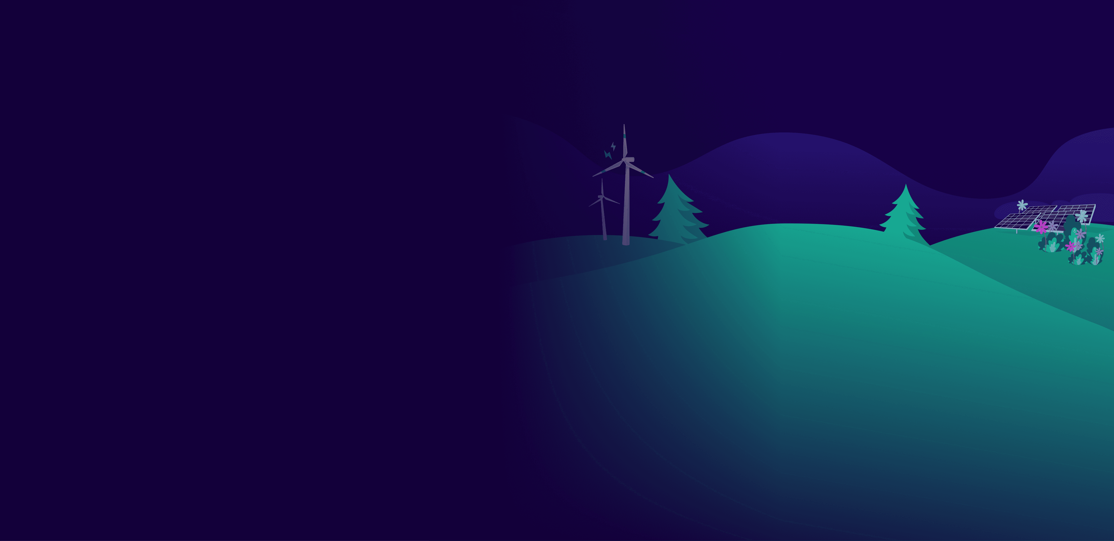 Futuristic landscape with wind turbine, solar panels, and trees on rolling hills under a dark sky.